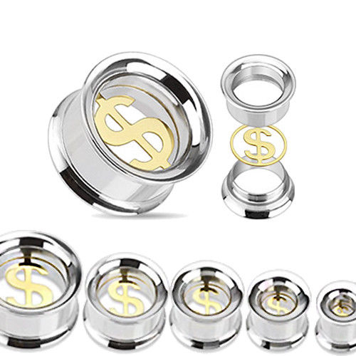 Flesh Tunnel Dollar Zeichen Gold Double Flared Schraub Tunnel aus Chirurgenstahl