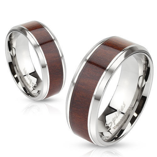Herren Damen Ring aus Edelstahl mit Holz Inlay Partnerring Band Ring Silber