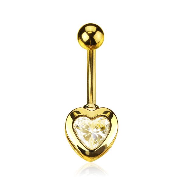 A25  Bauchnabelpiercing HERZ Gold 14 Karat vergoldet mit Kristall Edelstahl Piercing
