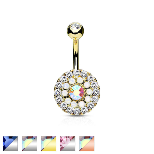 Bauchnabelpiercing BLUME mit Zirkonia Kristall Gold 14kt IP Chirurgenstahl 316L