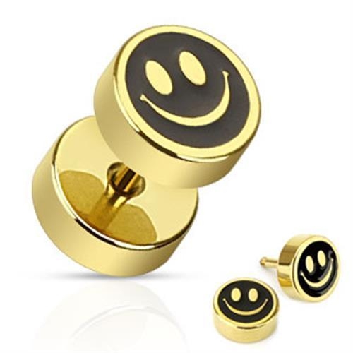A17  Fake Plug Ohrstecker Smiley Face Gold IP Smile Piercing Ohr aus Chirurgenstahl