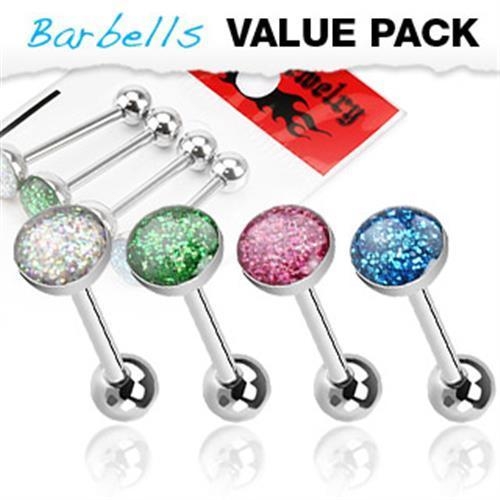 A14  4er Set Zungenpiercing Barbell Chirurgenstahl Glitter Kugel in Epoxid gegossen